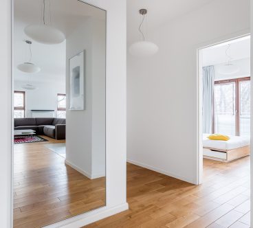 Hall in modern apartment with big mirror and passage to the rooms